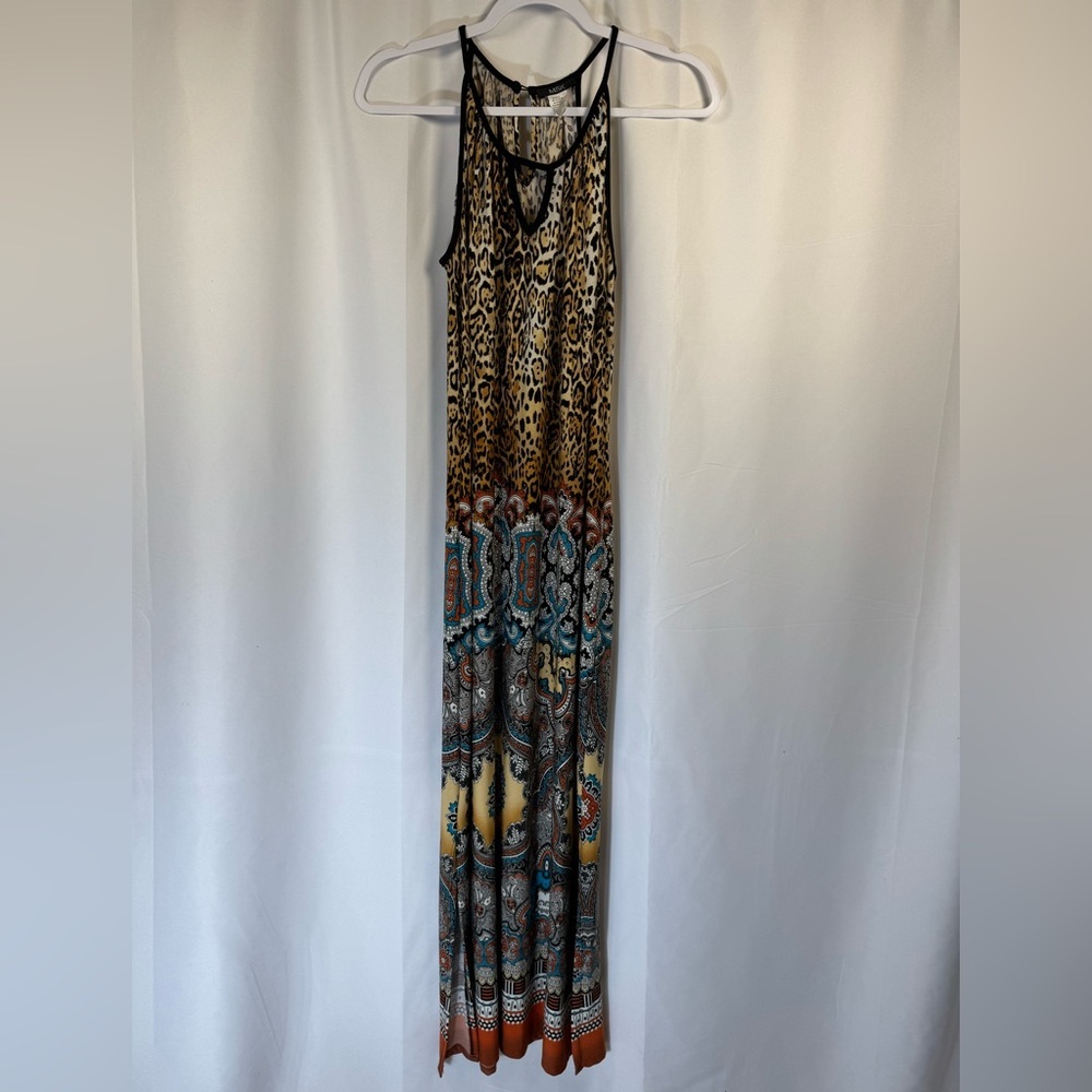 MSK Leopard Print & Paisley Maxi Dress in Yellow, Brown and Teal L